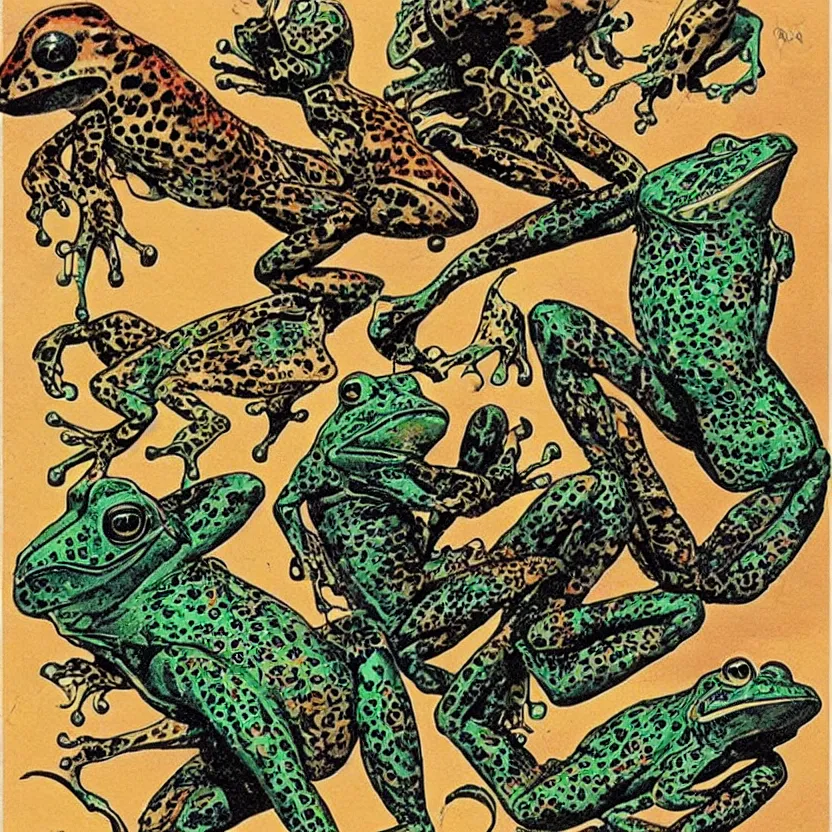 Image similar to alien frog, cheetah, and bird. strange anatomy. pulp sci - fi art