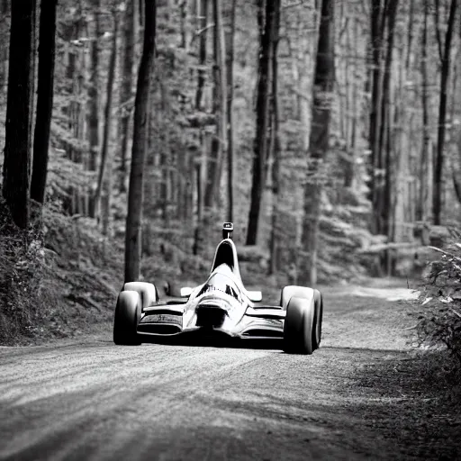 Prompt: indycar driving in the woods, black and white photo