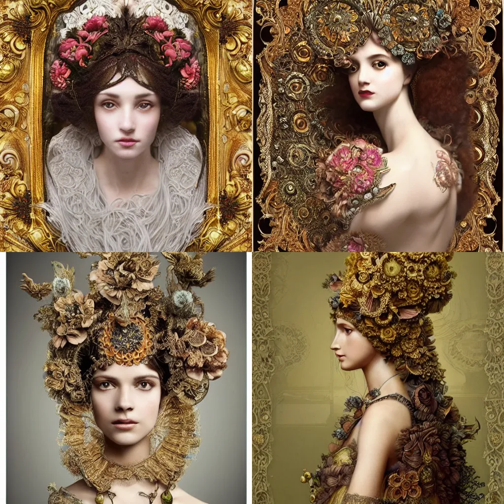 Prompt: a fashion portrait render of a woman veiled , symmetry rococo intricate detailed, dramatic headdress with intricate fractals of flowers, tassels, by Lawrence Alma-Tadema and Billelis and Enchanted doll and aaron horkey and peter gric, trending on pinterest,hyperreal,jewelry,gold,intricate,maximalist,golden ratio,cinematic lighting