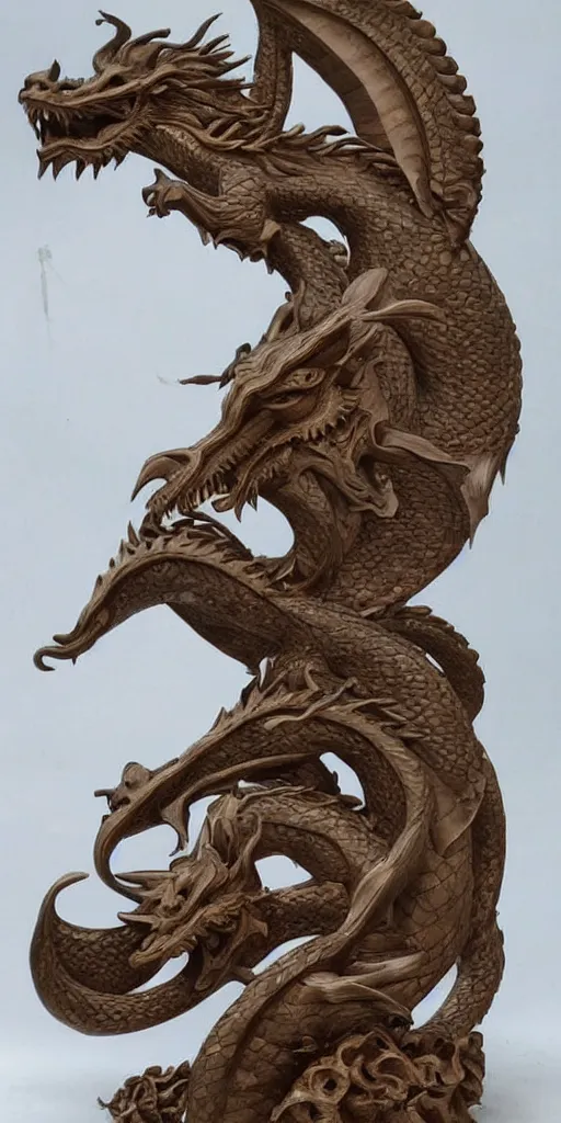 Prompt: Woodcarving of dragon with beautiful giant waves