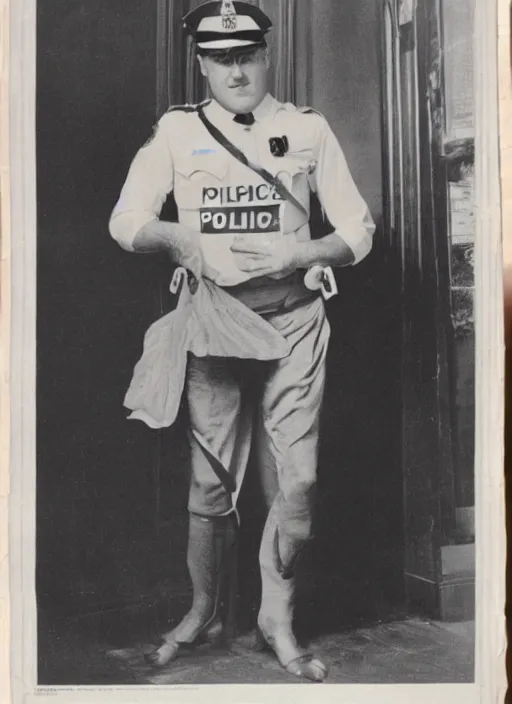 Prompt: vintage newspaper photo of a police officer wearing nothing but a diaper, flash photo