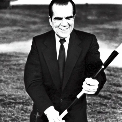 Image similar to Richard Nixon hitting a seal with a club, photojournalism, cover of life magazine