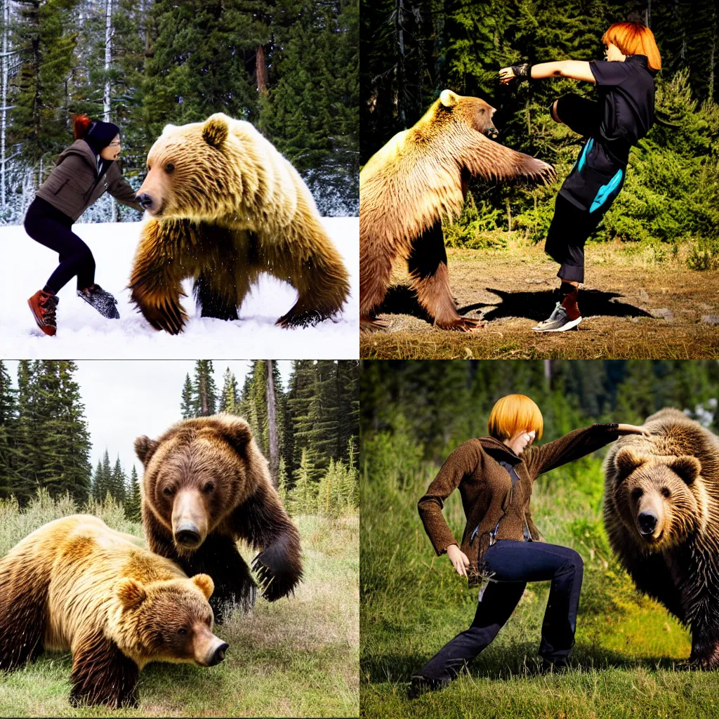 Prompt: photo of Chie Satonaka kicking a grizzly bear, 4k, DSLR phot,