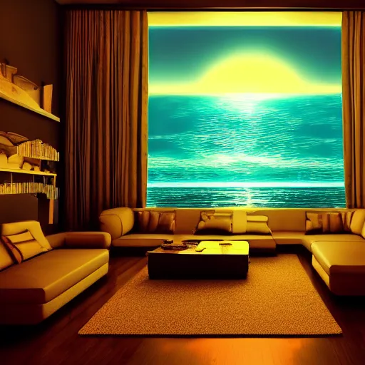 Image similar to retro photo of virtual interior, crisp, artstation, luxury, beautiful, dim painterly volumetric aquatic sunset lighting, 3 d concept art