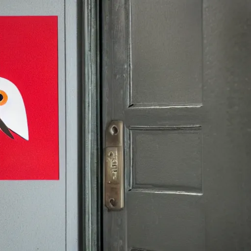 Image similar to A door inside a french college building with a sticker on it of the Red Bird Studios logo, the door is slightly opened with a pair of eyes peeking through the gap