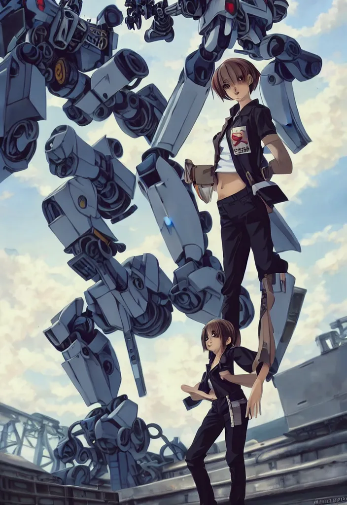 Prompt: beautiful full body portrait of one anime female with short hair, wearing mechanic clothing, in an abandoned warehouse mech repair facility standing in front of a gigantic gundam style mech, drinking soda, D&D, fantasy, intricate, elegant, highly detailed, digital painting, artstation, concept art, smooth, sharp focus, illustration, art by artgerm and WLOP and Krenz Cushart and greg rutkowski and alphonse mucha