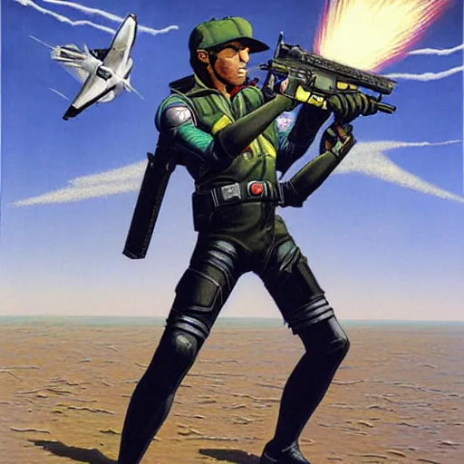 Image similar to an action portrait of fox mccloud holding a blaster, suspenseful, heroic, by peter elson