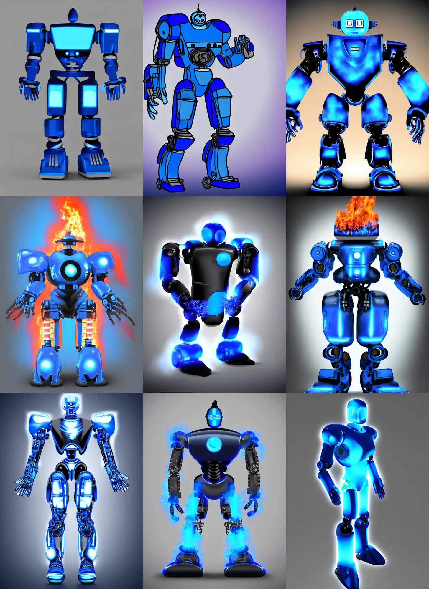 Prompt: full body concept flat blue colored terminator robot with flames around it