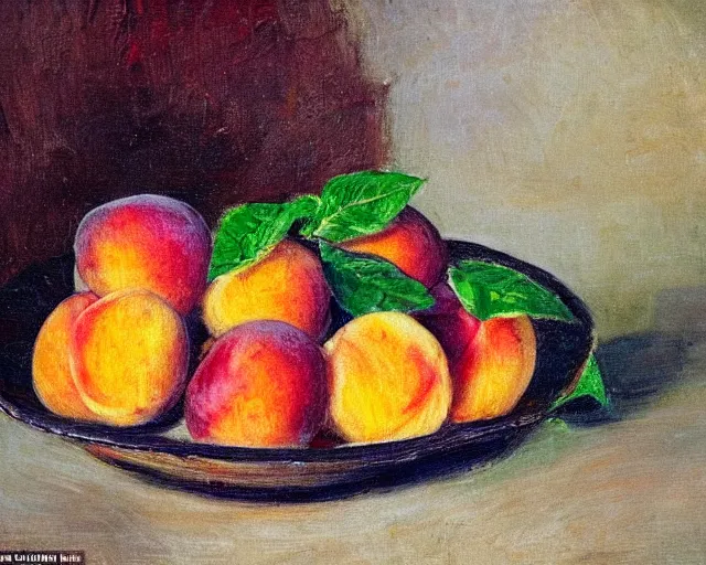 Image similar to three peaches, three apricots and three plums lie in a wooden bowl on a table with a red tablecloth, in the style of impressionism