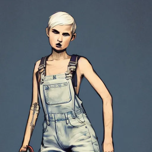 Prompt: a grungy woman with short white pixie cut hair, soft eyes and narrow chin, dainty figure, long hair straight down, torn overalls, short shorts, combat boots, gasmask, basic white background, side boob, symmetrical, single person, style of by jordan grimmer and greg rutkowski, crisp lines and color,