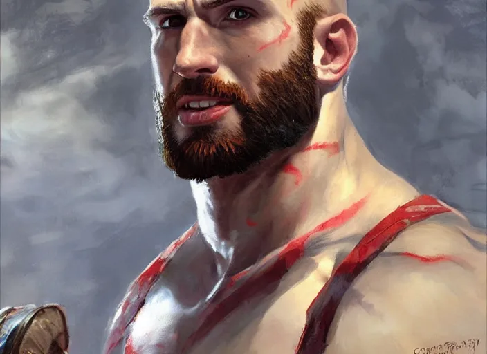 Image similar to a highly detailed beautiful portrait of chris evans as kratos, by gregory manchess, james gurney, james jean