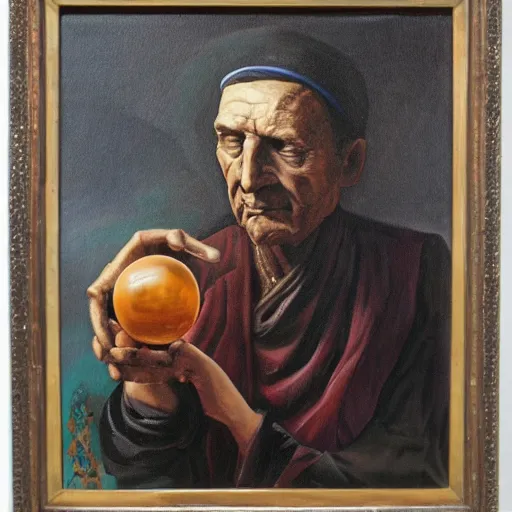 Image similar to painting by remus grecu, of fortune teller with crystal ball, and wealthy customer