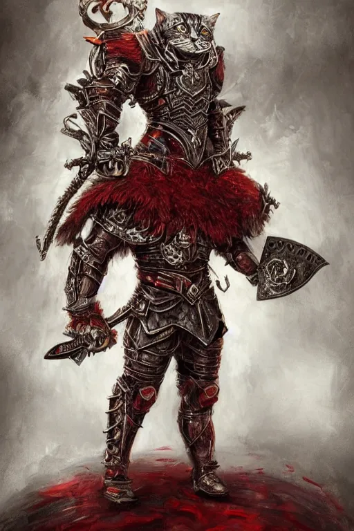 Prompt: Anthropomorphized cat in full armor carrying Sword and Shield, full body, menacing pose, concept art, insanely detailed and intricate, hypermaximalist, elegant, ornate, hyper realistic, super detailed, tribal red atmosphere, Art Deco, cinematic, trending on artstation, magic the gathering artwork, centered