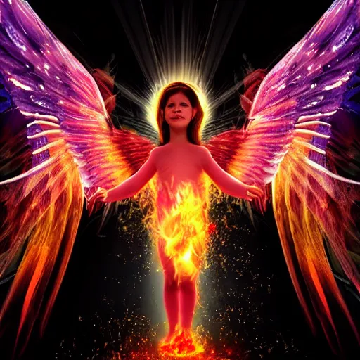 Prompt: epic portrait of an angel with flaming wings, flying in the sky