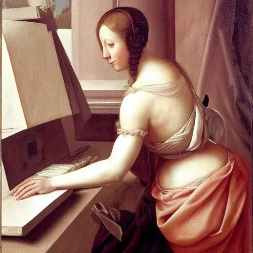 Image similar to Renaissance oil painting, full room view, skinny female artist back view, dark hair, pale grey babydoll dress, sleeveless, ruffle shoulders, typing on a computer keyboard facing a giant wall size computer screen