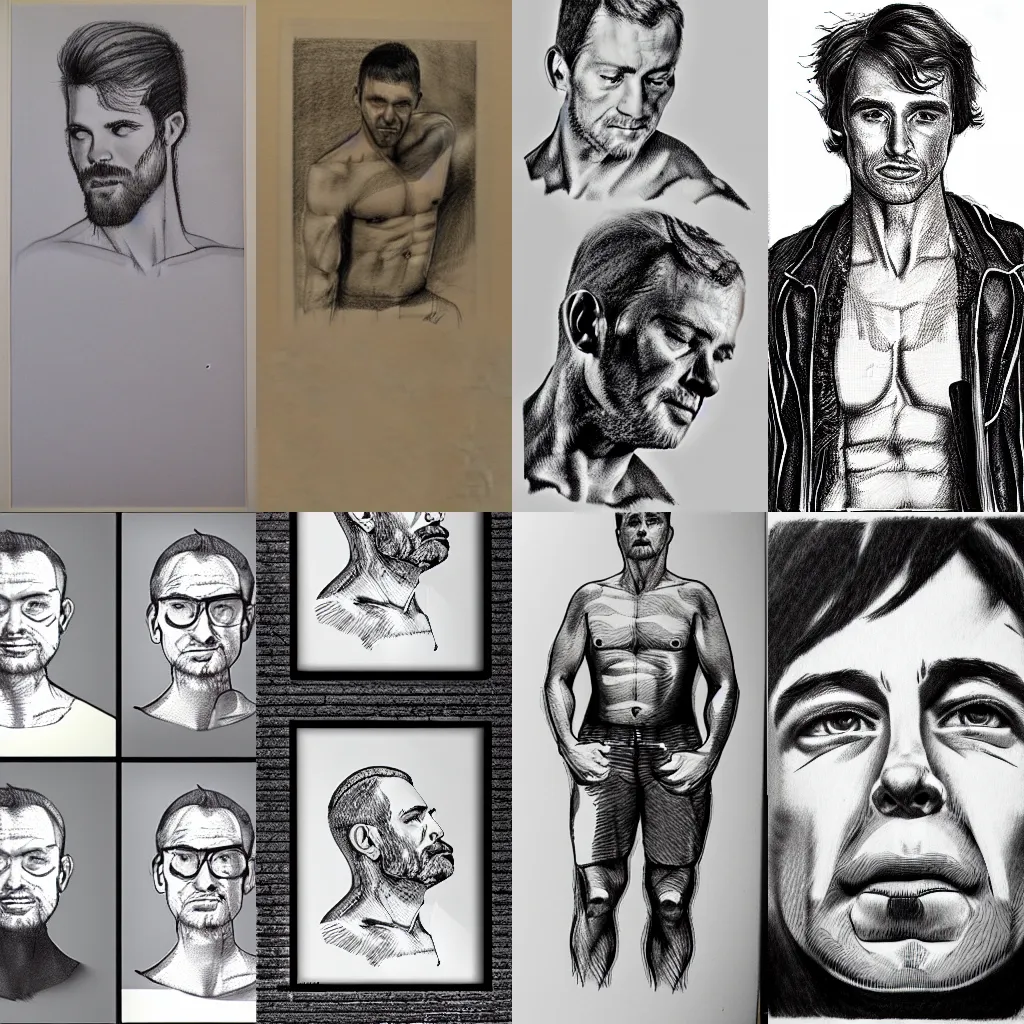 Prompt: portait of man, studio light, realistic, half - body, linedrawing, sketch, fineart