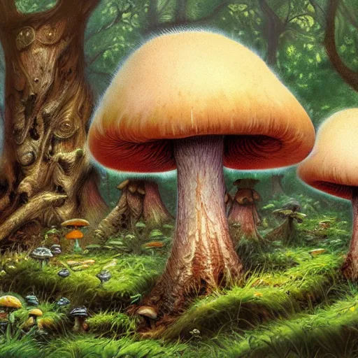 Image similar to mushroom forest drawn by ralph horsley, digital art, highly detailed, corrupted