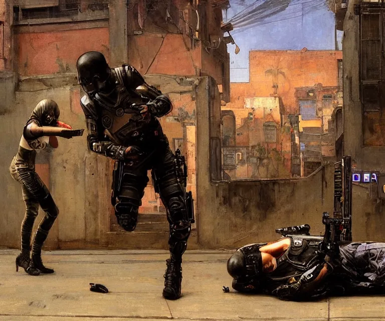 Image similar to Felica evades sgt Griggs. Cyberpunk hacker escaping Menacing Cyberpunk police trooper wearing a combat vest. (dystopian, police state, Cyberpunk 2077, bladerunner 2049). Iranian orientalist portrait by john william waterhouse and Edwin Longsden Long and Theodore Ralli and Nasreddine Dinet, oil on canvas. Cinematic, vivid colors, hyper realism, realistic proportions, dramatic lighting, high detail 4k