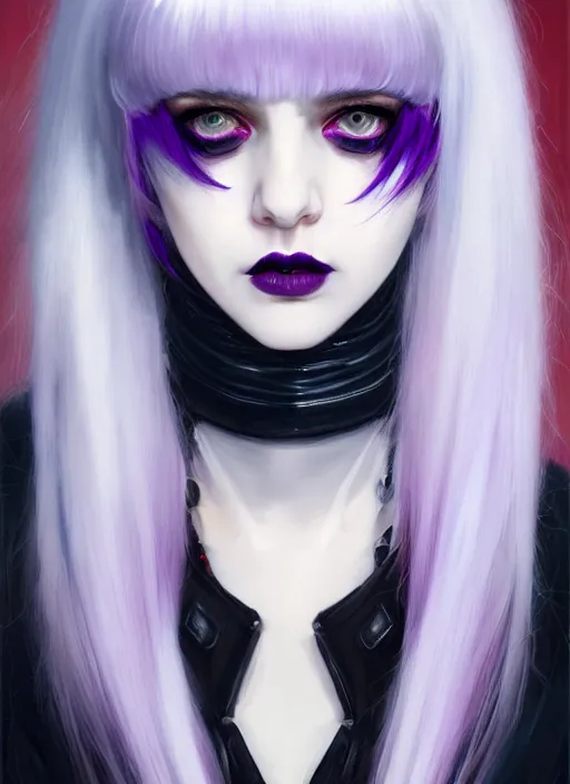 Image similar to portrait of white teenage girl, normal face, white bangs, mall goth, cyberlox, black and white hair, bangs, fluffy bangs, red contact lenses, purple lipstick, intricate, elegant, highly detailed, digital painting, artstation, concept art, sharp focus, smooth, illustration, art by wlop, mars ravelo and greg rutkowski