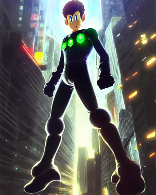 Image similar to gigachad luigi charging ultimate attack like one punch man wearing a suit in the city fighting a scifi mech, fantasy character portrait, ultra realistic, anime key visual, concept art, intricate details, highly detailed by greg rutkowski, ilya kuvshinov, gaston bussiere, craig mullins, simon bisley