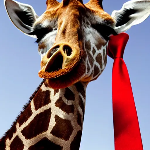 Image similar to photo of a giraffe wearing a red tie on its neck