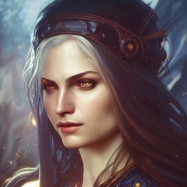 Image similar to close up portrait of a beautiful female witcher, shiny, glowing hair, subsurface scattering, artistic, magical background with light rays, fantasy atmosphere. art by artgerm, greg rutkowski and alphonse mucha, highly detailed, intricate, lifelike. sci - fi, fantasy, magical, octane render,