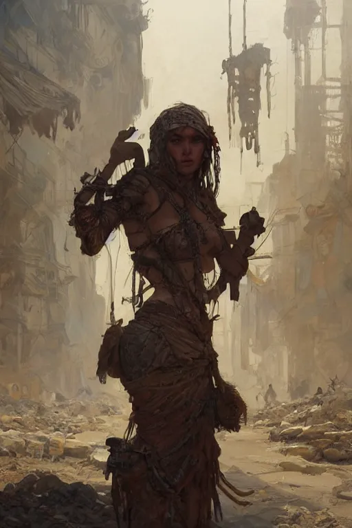Image similar to a full body portrait of a beautiful post apocalyptic offworld artisans district bedouin blind pulp fiction scarlet wild rogue barbarian leper begging by the roadside, intricate, elegant, highly detailed, digital painting, artstation, concept art, smooth, sharp focus, illustration, art by krenz cushart and artem demura and alphonse mucha