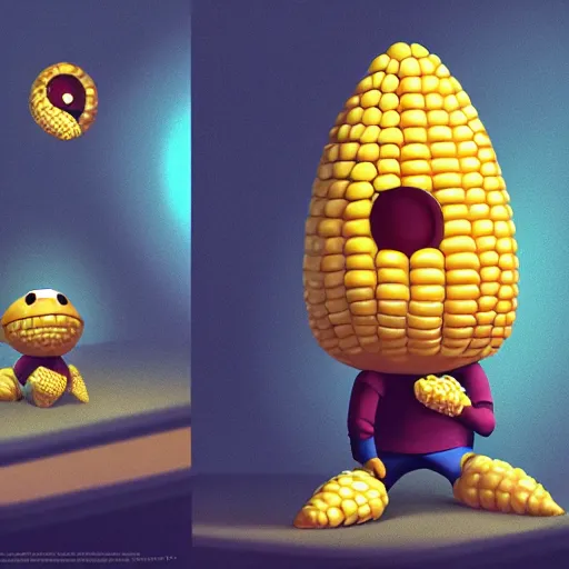 Prompt: Anthropomorphic corn cob is a video game developer working late into the night on his greatest game ever, hyperrealistic, artstation, 8k, concept art, very detailed, hd, digital painting, dramatic lighting