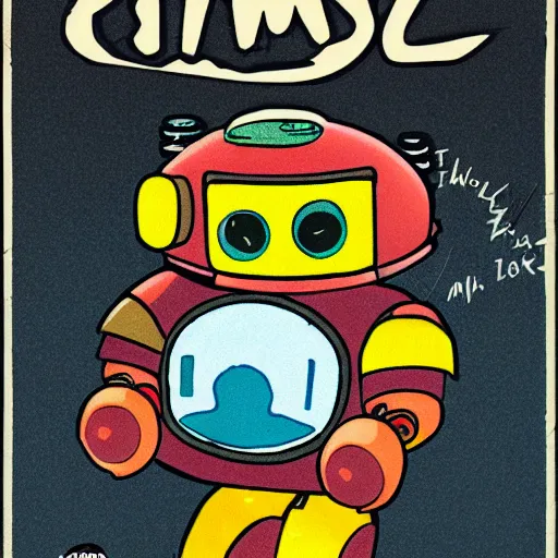 Image similar to A comic book cover for a round cute robot who time travels