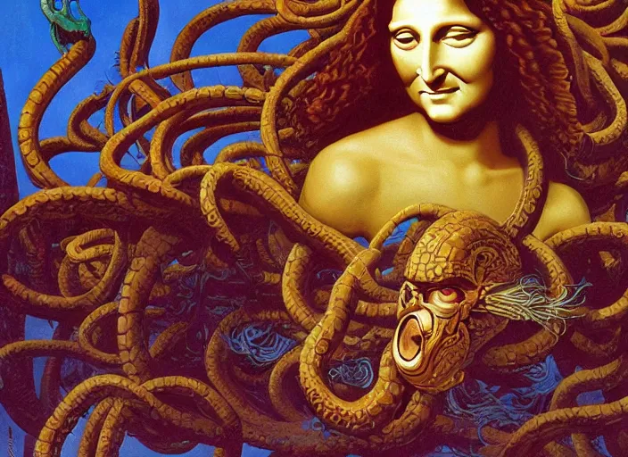 Prompt: monalisa as medusa, omnious by kilian eng, chris foss, rodney matthews, robert mccall, jacek yerka and vladimir kush, oil on canvas