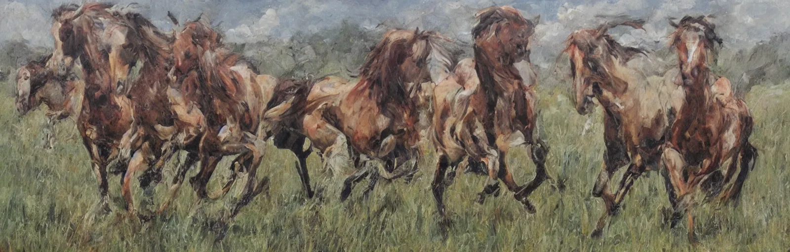 Image similar to lots of horses running through the field, hyper realistic, more details, they might be crawling, original oil on canvas painting by sydney mount