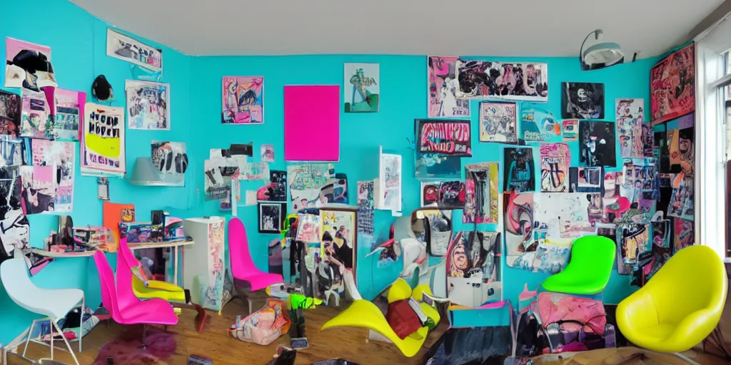 Prompt: a teens room in the 90s with inflatable neon chairs and posters on the walls, an old CRT in one corner