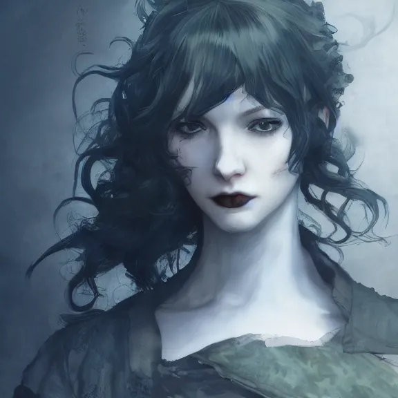 Image similar to christina hendricks!!! goth, tankoban, 4 k, tone mapping, akihiko yoshida, james jean andrei riabovitchev marc simonetti, yoshitaka amano, long hair, curly, h. hydrochaeri