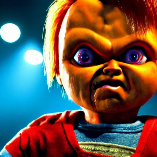 Image similar to Chucky the killer doll from the movie Child's Play scary movie still 8k hdr creepy lighting