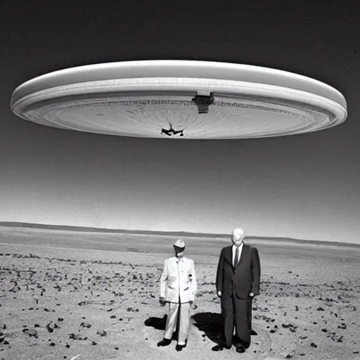 Prompt: president eisenhower aboarding a ufo in the desert as high ranked government officials are watching, black and white old photo