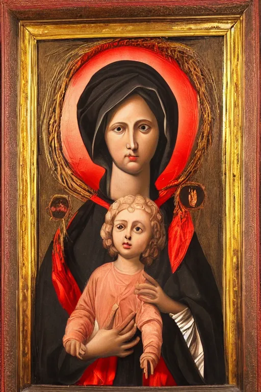 Prompt: portrait of beautiful saint madonna with red skin, black background, in style of classicism, hyper detailed