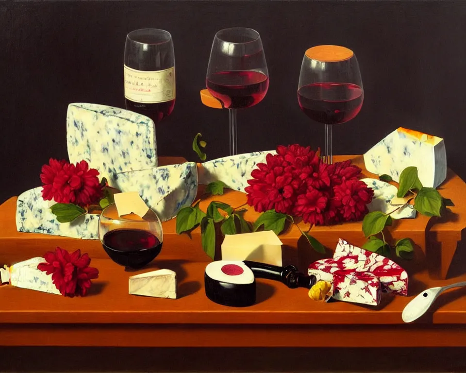 Image similar to an achingly beautiful still life featuring blooming flowers, cheeses, and flowing red wine by Raphael, Hopper, and Rene Magritte. detailed, romantic, studio lighting, enchanting, trending on artstation.