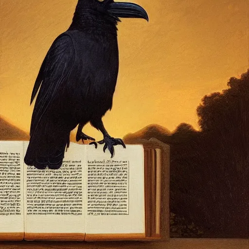 Image similar to beautifully detailed portrait of a detailed raven looking at a book laid out on a golden silk cloth, in a serene beautiful stone arched garden at beautiful sunrise by pascal blanche and frederic leighton and by rosetti and sidney cooper, 4 k, artstation