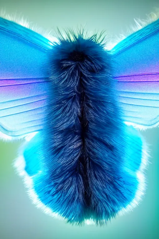 Image similar to high quality macro photo silky iridescent furry moth! jewelled gorgeous! highly detailed david ligare elson peter cinematic blue neon lighting high quality low angle hd 8k sharp shallow depth of field