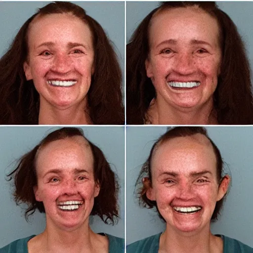 Prompt: a freckled woman with receding gums smiling in her mugshot, low quality, three different angles,
