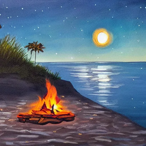 Prompt: Campfire on the beach, Moonlit ocean, Secluded beach, Painting