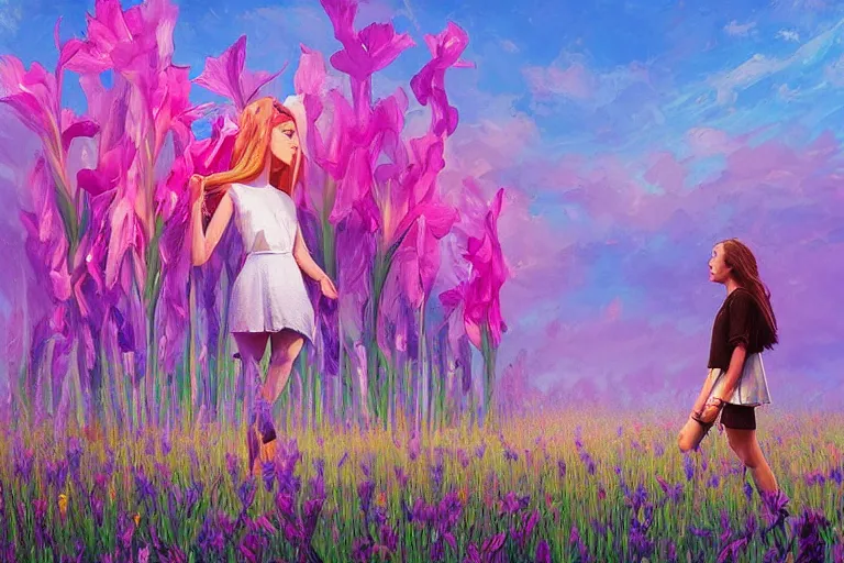 Prompt: giant gladiola head, girl walking in field of flowers, surreal photography, sunrise, blue sky, dramatic light, impressionist painting, digital painting, artstation, simon stalenhag