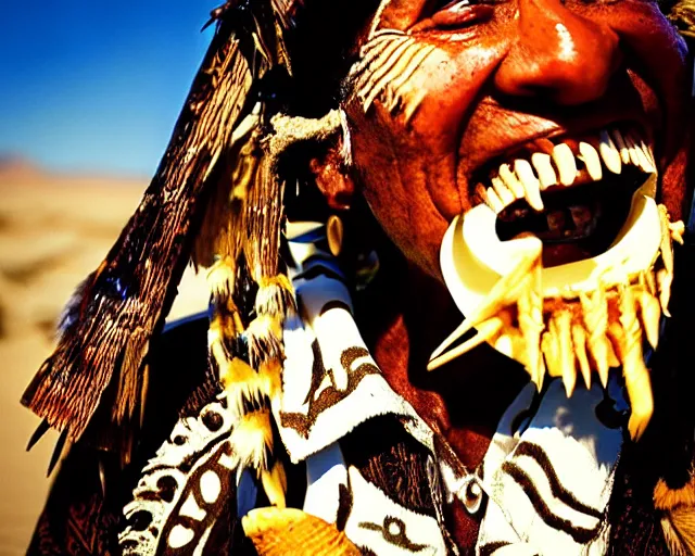 Image similar to wise zule elder has a sharp line of teeth. the zule tribal warrior like ice cream cones. sunny scene in southern california.