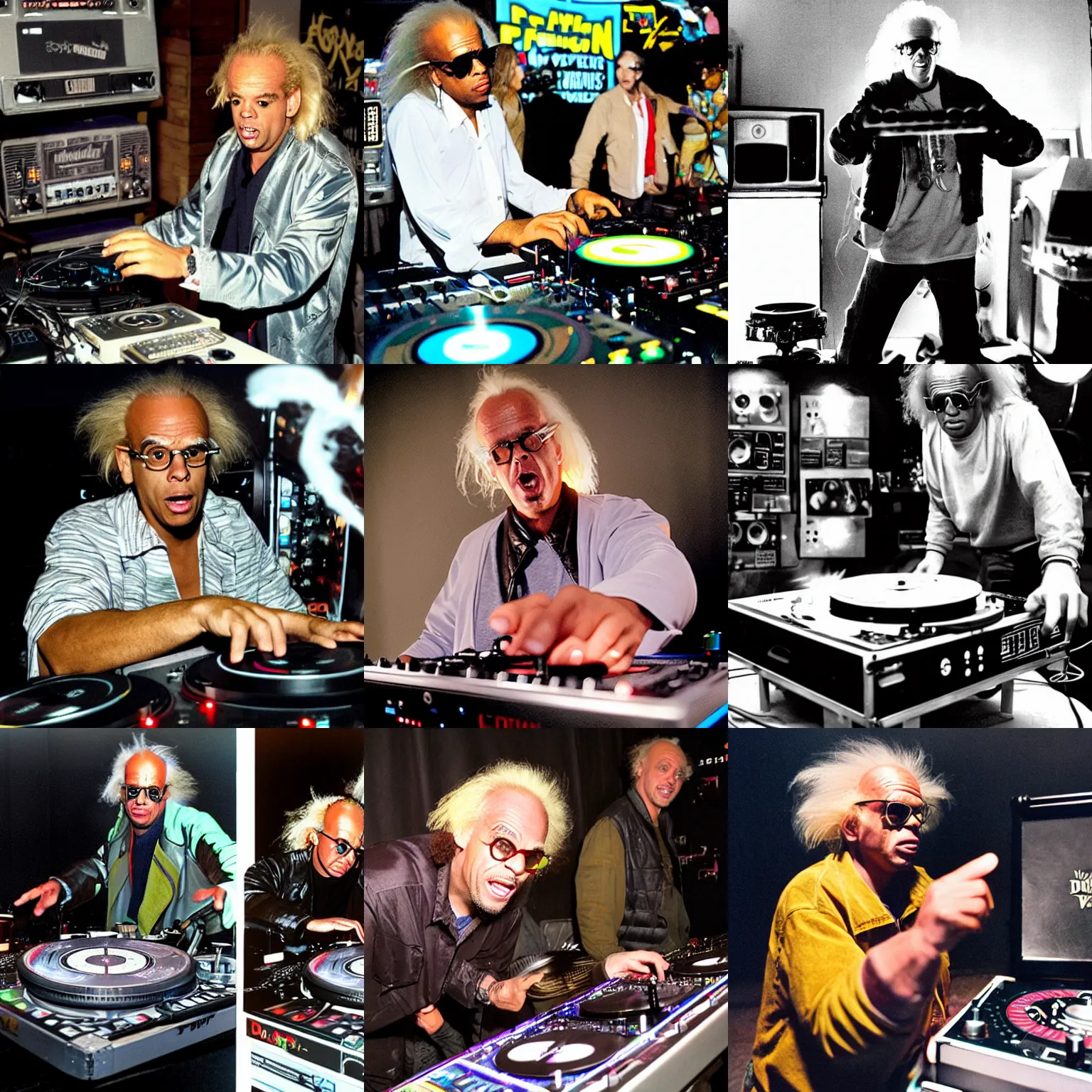 Prompt: doc brown from back to the future DJing with DJ turntables, photoreal