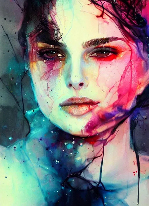 Prompt: vicious smile nathalie portman by agnes cecile, extremely luminous bright design, pastel colours, ink drips, autumn lights