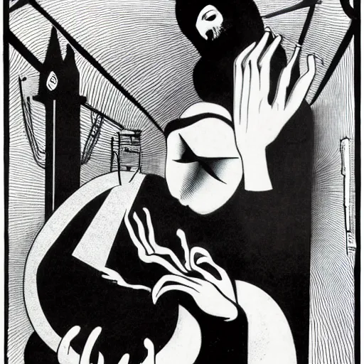 Image similar to the somnambulist from the cabinet of dr. caligari playing a large moog modular synthesizer, handsome portrait style of aubrey beardsley