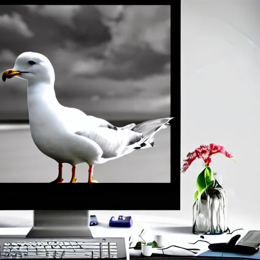 Image similar to an angry seagull typing at a computer in it's bedroom, studio portrait, dramatic background and lighting