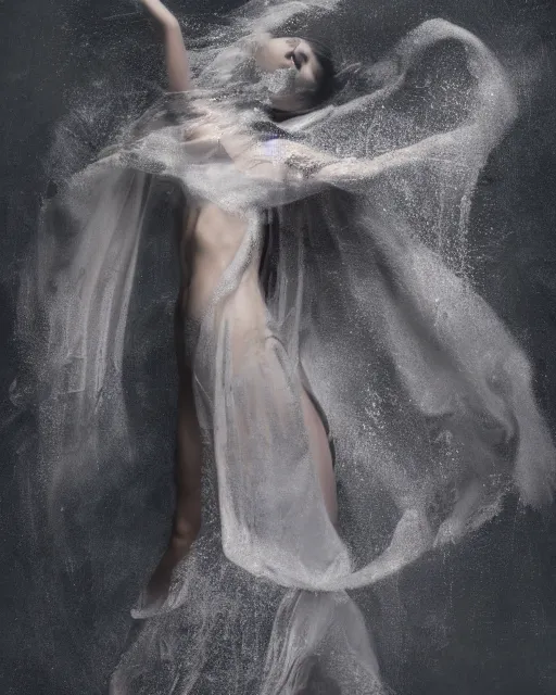 Prompt: mid shot render of an ethereal ghostlike figure fluid simulation in houdini dancing in dark smoke robes and silk veils by ilm, paolo roversi, nick knight, gill elvgren, beautiful futuristic simplified form distorted by turbulent movement, dark studio background, vivid depth, trending on artstation, hyperrealism, matte painting, dutch golden age, fine detail, cgsociety