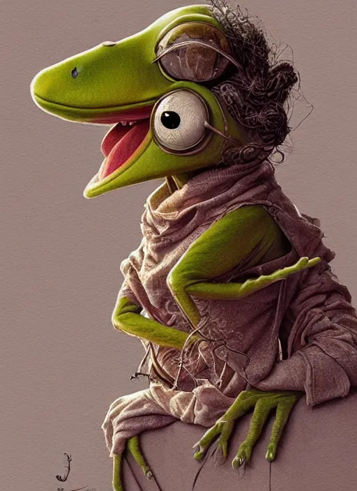 Image similar to portrait of a gaunt and diseased Kermit the frog, intricate, elegant, highly detailed, centered, digital painting, artstation, concept art, smooth, sharp focus, illustration, artgerm, donato giancola, Joseph Christian Leyendecker, WLOP, Artgerm