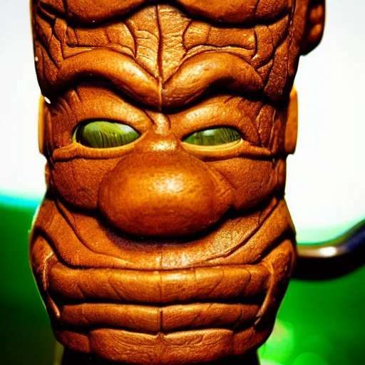 Prompt: a closeup photorealistic photograph of ben grimm's face on a tiki mug at a trader vic's beach bar. fantastic four. tiki culture. bright scene. fine detail. this 4 k hd image is trending on artstation, featured on behance, well - rendered, extra crisp, features intricate detail, epic composition and the style of unreal engine.